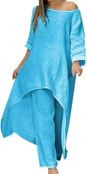 Cotton Linen Long Sets Women 2 Piece Outfits Long Sleeve High Low Tunic Tops Oversized and Wide Leg Pants Loungewear