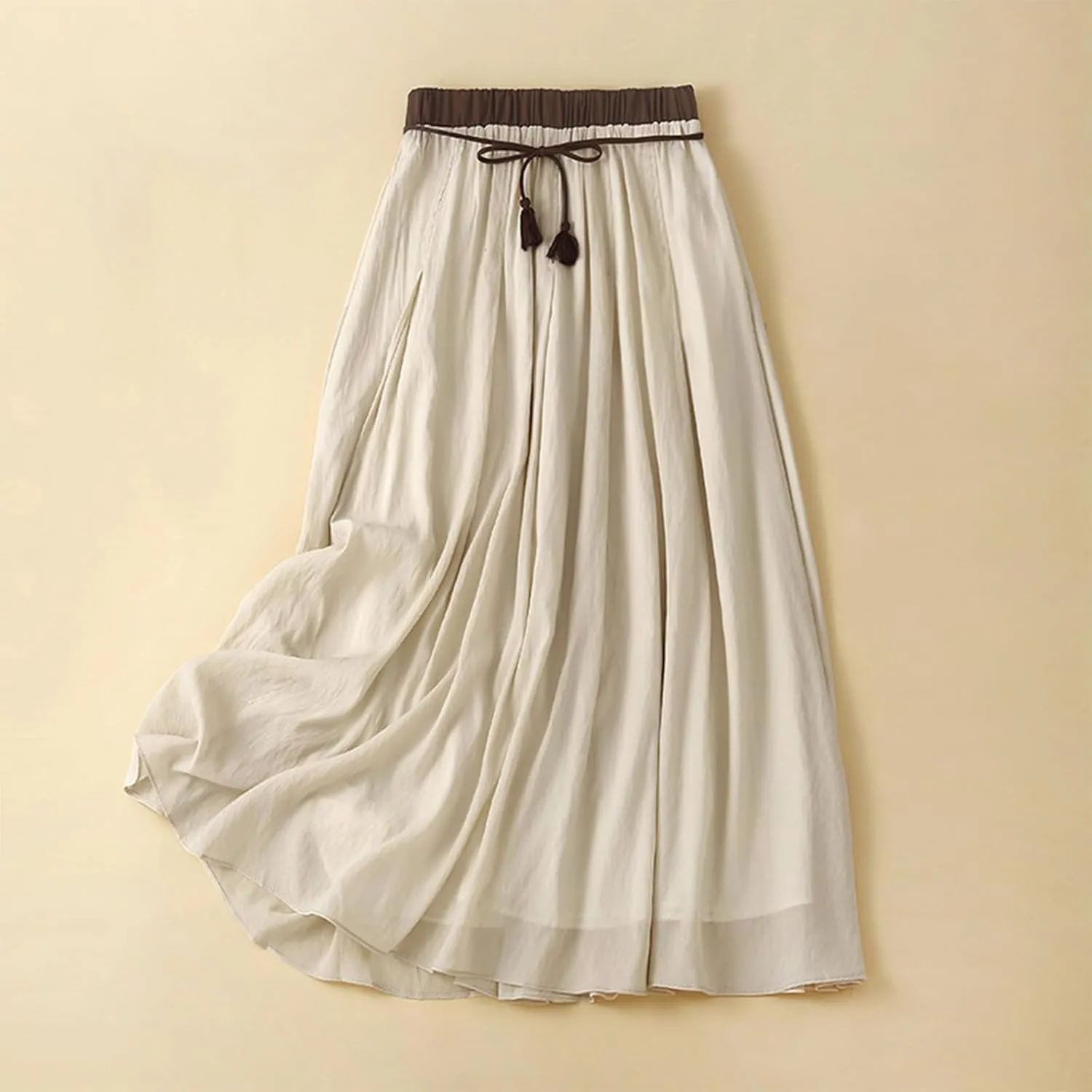 Cotton Linen Skirt for Women 2025 Trendy Solid Vintage Layered A-Line Flared Skirts Casual Elastic Waist Maxi Skirt