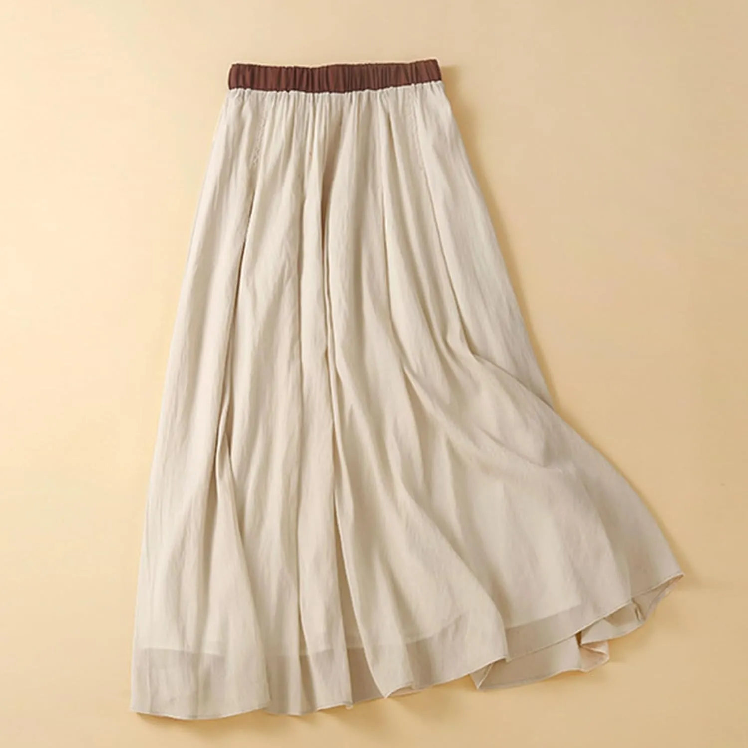 Cotton Linen Skirt for Women 2025 Trendy Solid Vintage Layered A-Line Flared Skirts Casual Elastic Waist Maxi Skirt