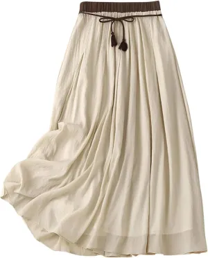 Cotton Linen Skirt for Women 2025 Trendy Solid Vintage Layered A-Line Flared Skirts Casual Elastic Waist Maxi Skirt