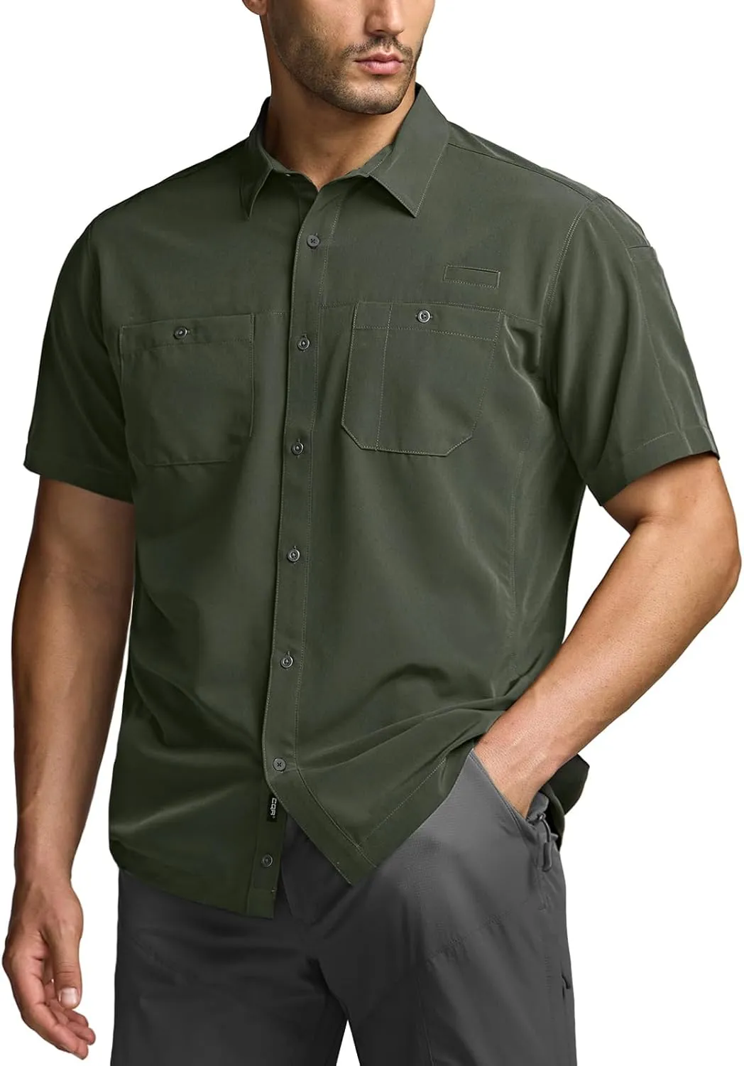 CQR Men's Short Sleeve Tactical Shirts, UPF 50  Ripstop Military Work Shirts, Breathable Button Down Outdoor Hiking Shirt