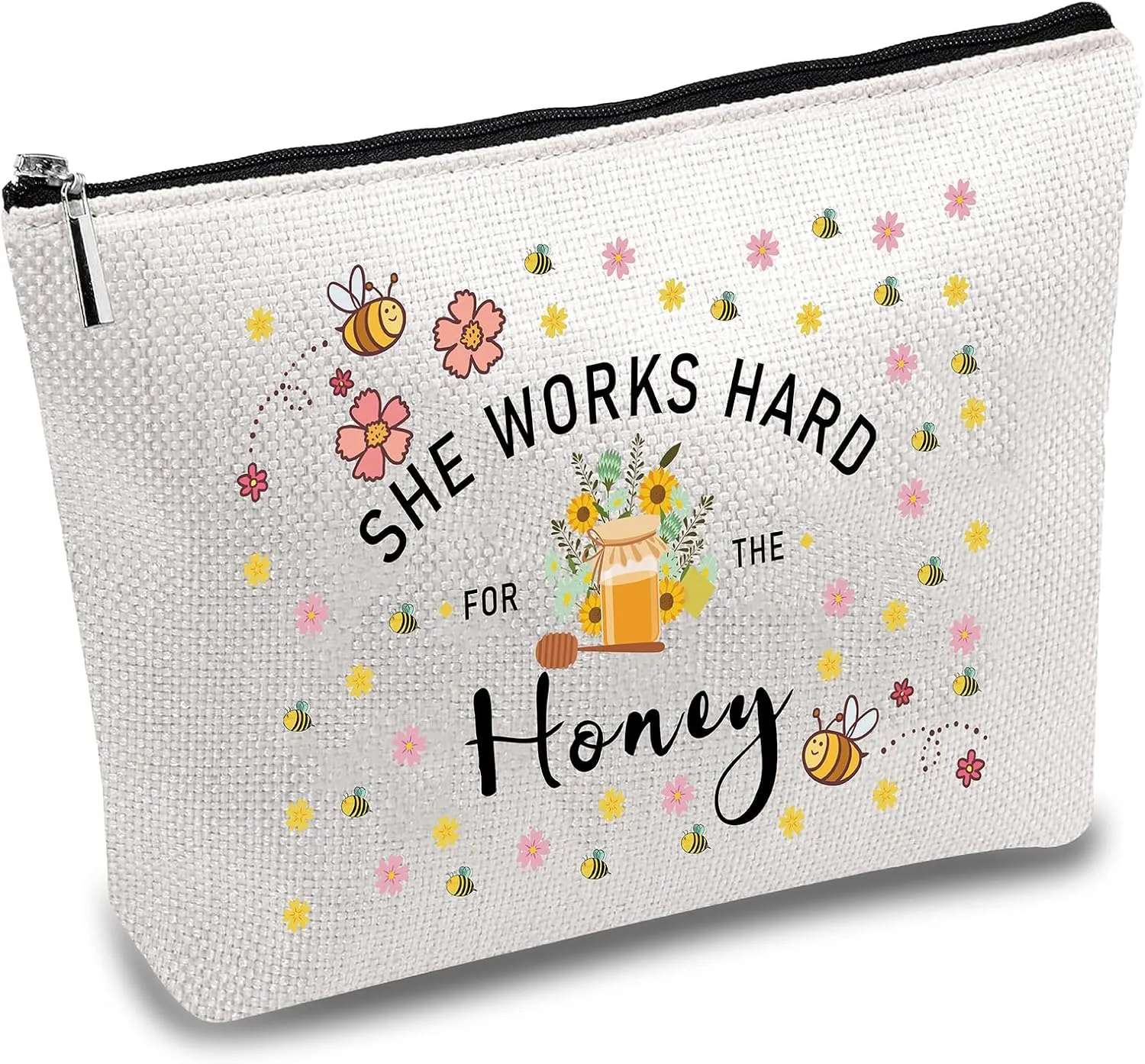 CREATCABIN Canvas Makeup Bags Bees Cosmetic Bag Multi Purpose Pen Case with Metal Zipper Toiletry Travel Bag Purse Pouches for Lipstick Card Birthday Gifts 10 x 7Inch-She Works Hard For The Honey