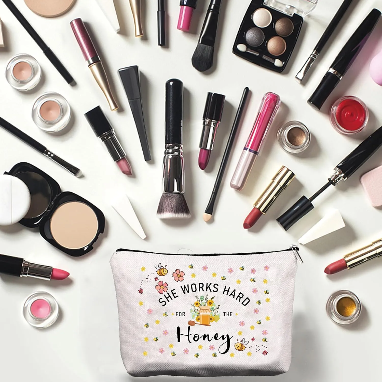 CREATCABIN Canvas Makeup Bags Bees Cosmetic Bag Multi Purpose Pen Case with Metal Zipper Toiletry Travel Bag Purse Pouches for Lipstick Card Birthday Gifts 10 x 7Inch-She Works Hard For The Honey