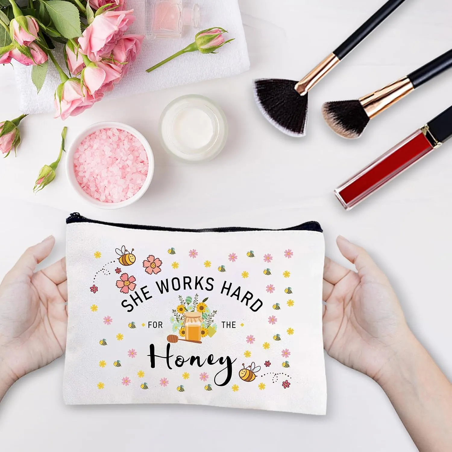 CREATCABIN Canvas Makeup Bags Bees Cosmetic Bag Multi Purpose Pen Case with Metal Zipper Toiletry Travel Bag Purse Pouches for Lipstick Card Birthday Gifts 10 x 7Inch-She Works Hard For The Honey