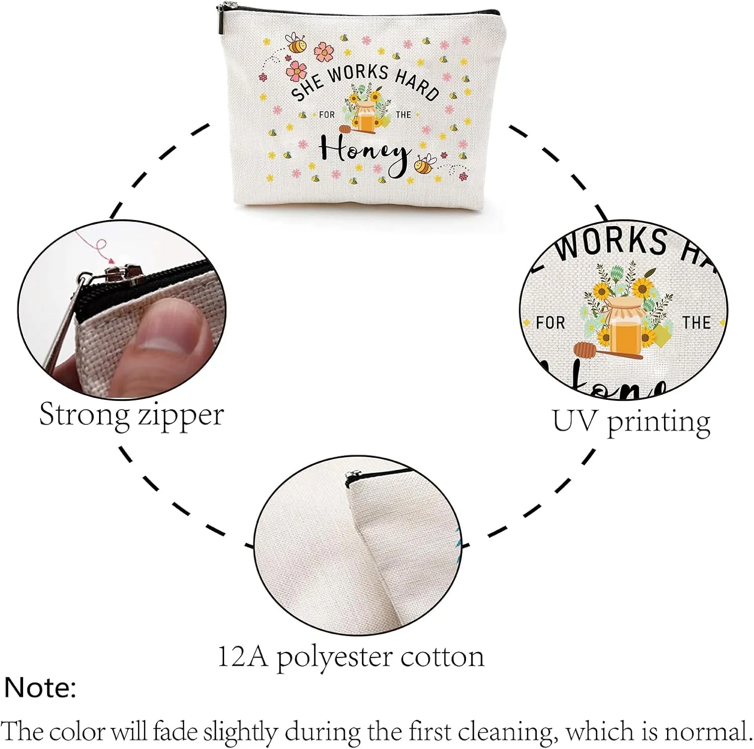 CREATCABIN Canvas Makeup Bags Bees Cosmetic Bag Multi Purpose Pen Case with Metal Zipper Toiletry Travel Bag Purse Pouches for Lipstick Card Birthday Gifts 10 x 7Inch-She Works Hard For The Honey