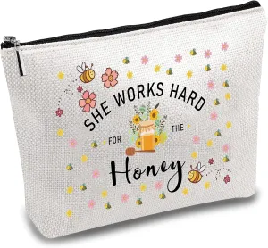 CREATCABIN Canvas Makeup Bags Bees Cosmetic Bag Multi Purpose Pen Case with Metal Zipper Toiletry Travel Bag Purse Pouches for Lipstick Card Birthday Gifts 10 x 7Inch-She Works Hard For The Honey