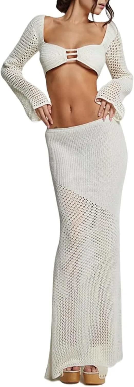 Crochet Knit 2 Piece Skirt Sets for Women Summer Hollow Out Crop Top Bodycon High Waist Maxi Skirt Sets Beach Dress