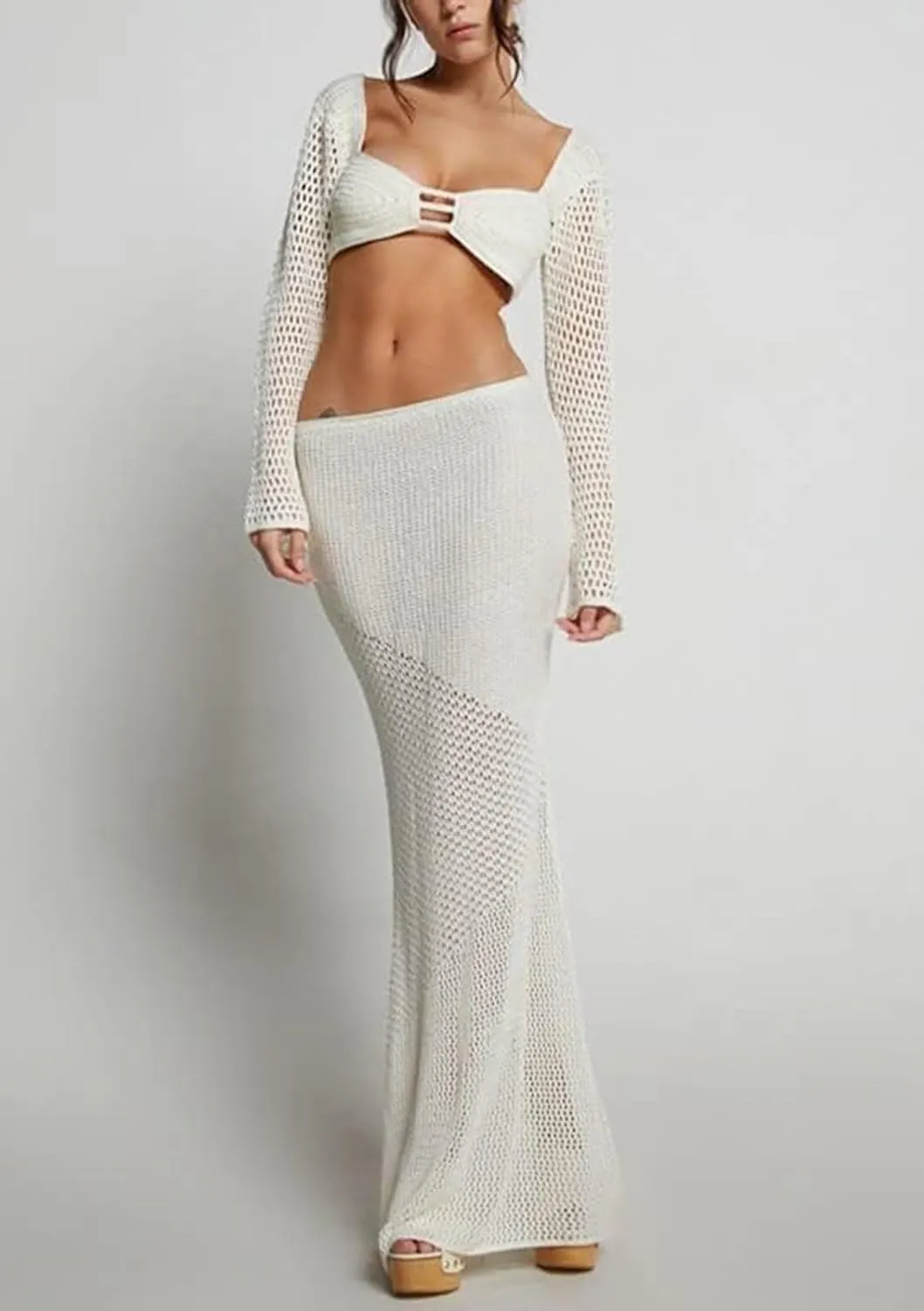 Crochet Knit 2 Piece Skirt Sets for Women Summer Hollow Out Crop Top Bodycon High Waist Maxi Skirt Sets Beach Dress