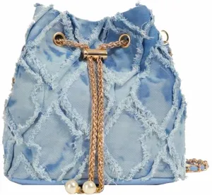 Denim Bags for Women, Adjustable Denim Bucket Bags, Quilted Distressed Fringe Shoulder/Crossbody Jean Purse with Drawstring for Summer Bag