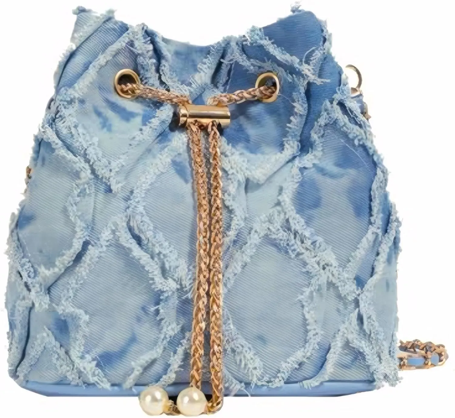 Denim Bags for Women, Adjustable Denim Bucket Bags, Quilted Distressed Fringe Shoulder/Crossbody Jean Purse with Drawstring for Summer Bag