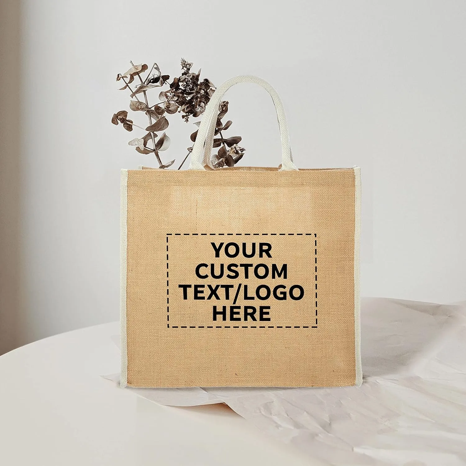 DISCOUNT PROMOS Custom Fresno Eco Friendly Jute Tote Bags Set of 10, Personalized Bulk Pack - Reusable, Great for Tradeshows, Grocery, Shopping and Outdoor Events - Light Beige