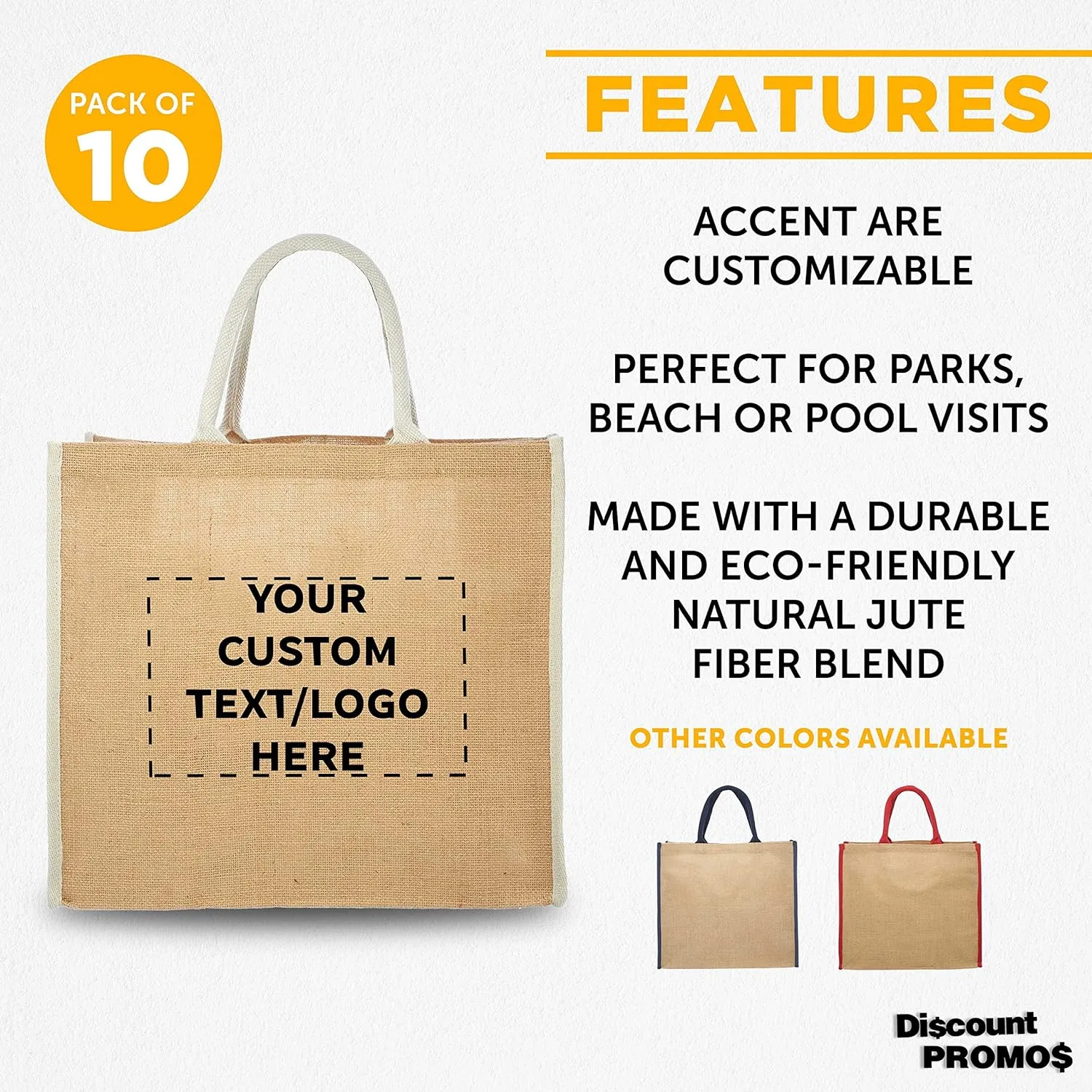 DISCOUNT PROMOS Custom Fresno Eco Friendly Jute Tote Bags Set of 10, Personalized Bulk Pack - Reusable, Great for Tradeshows, Grocery, Shopping and Outdoor Events - Light Beige
