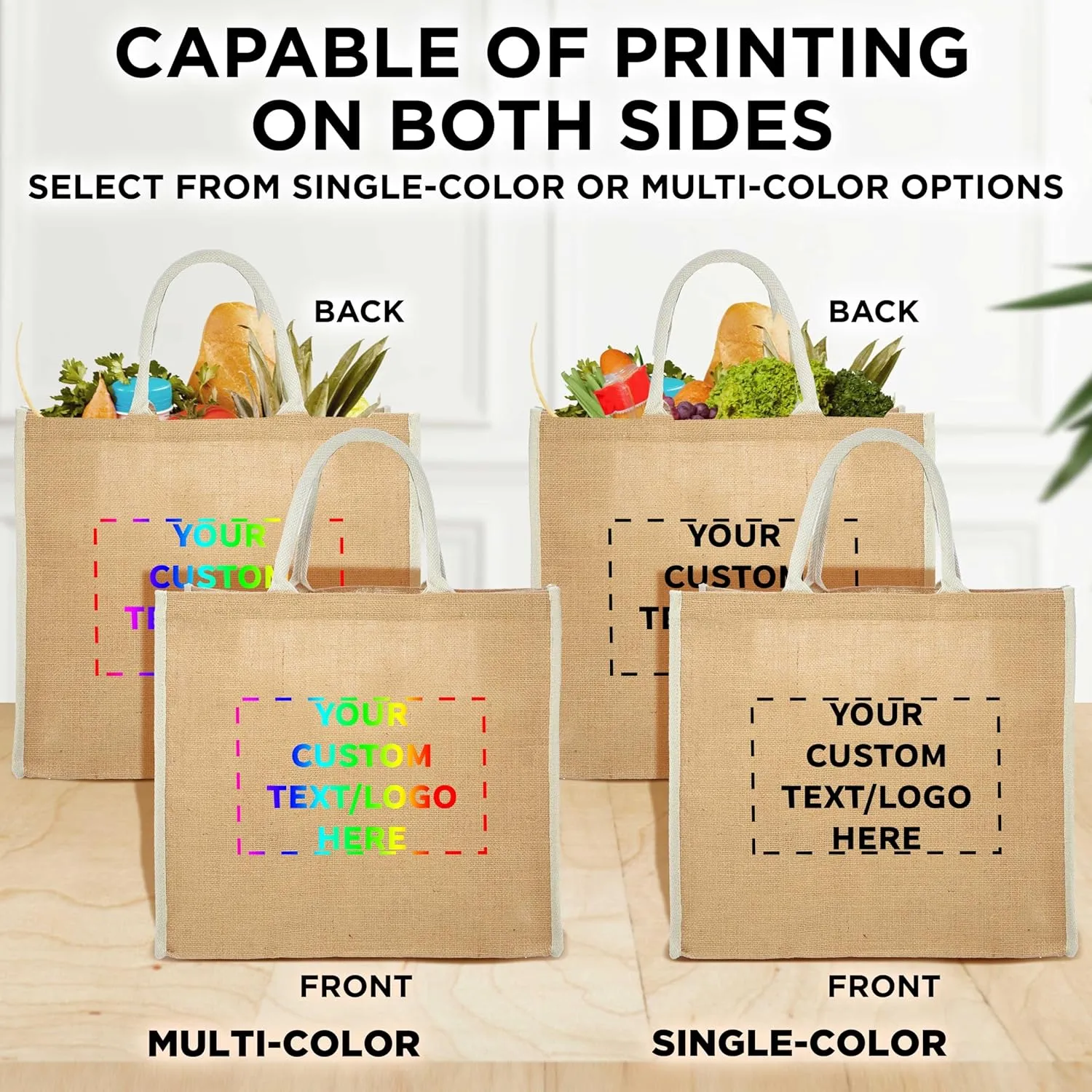 DISCOUNT PROMOS Custom Fresno Eco Friendly Jute Tote Bags Set of 10, Personalized Bulk Pack - Reusable, Great for Tradeshows, Grocery, Shopping and Outdoor Events - Light Beige