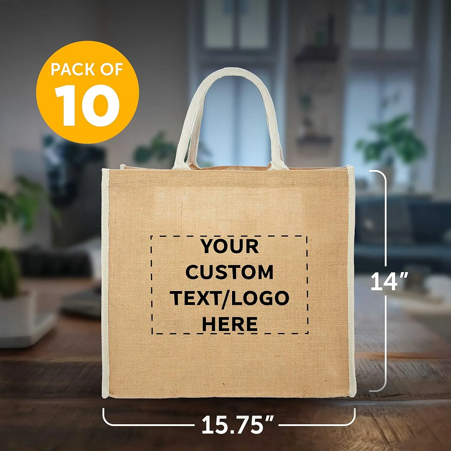 DISCOUNT PROMOS Custom Fresno Eco Friendly Jute Tote Bags Set of 10, Personalized Bulk Pack - Reusable, Great for Tradeshows, Grocery, Shopping and Outdoor Events - Light Beige