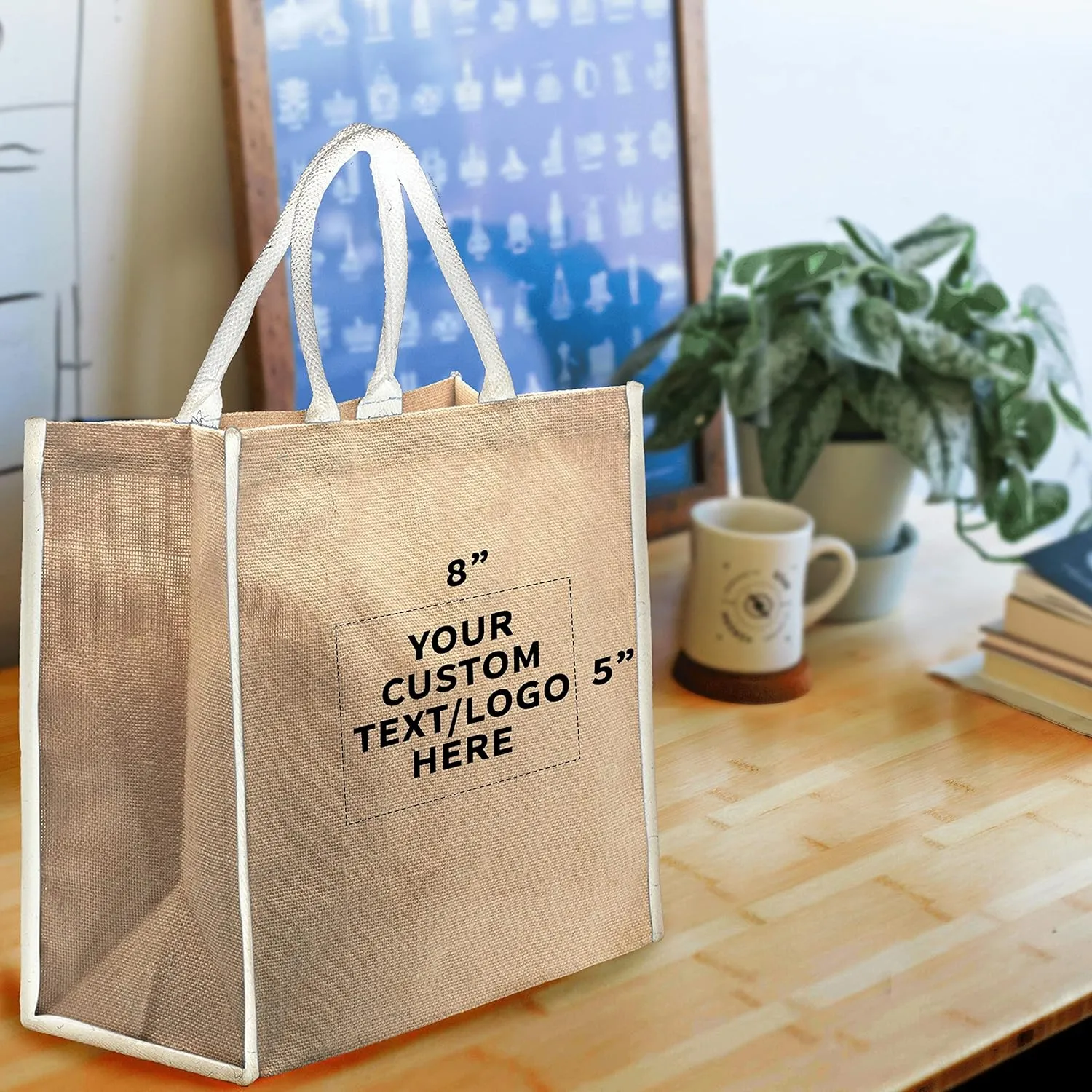 DISCOUNT PROMOS Custom Fresno Eco Friendly Jute Tote Bags Set of 10, Personalized Bulk Pack - Reusable, Great for Tradeshows, Grocery, Shopping and Outdoor Events - Light Beige