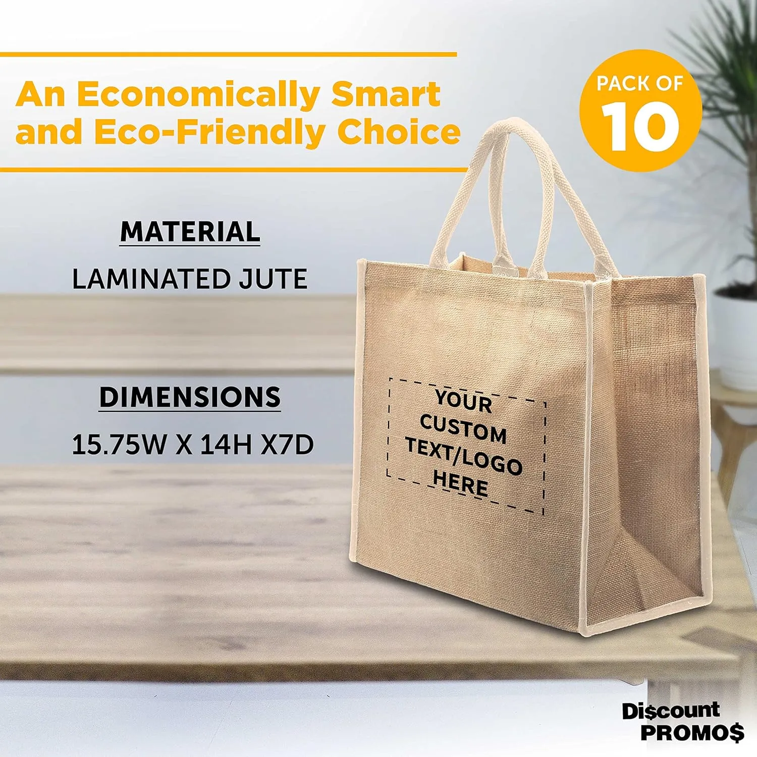 DISCOUNT PROMOS Custom Fresno Eco Friendly Jute Tote Bags Set of 10, Personalized Bulk Pack - Reusable, Great for Tradeshows, Grocery, Shopping and Outdoor Events - Light Beige