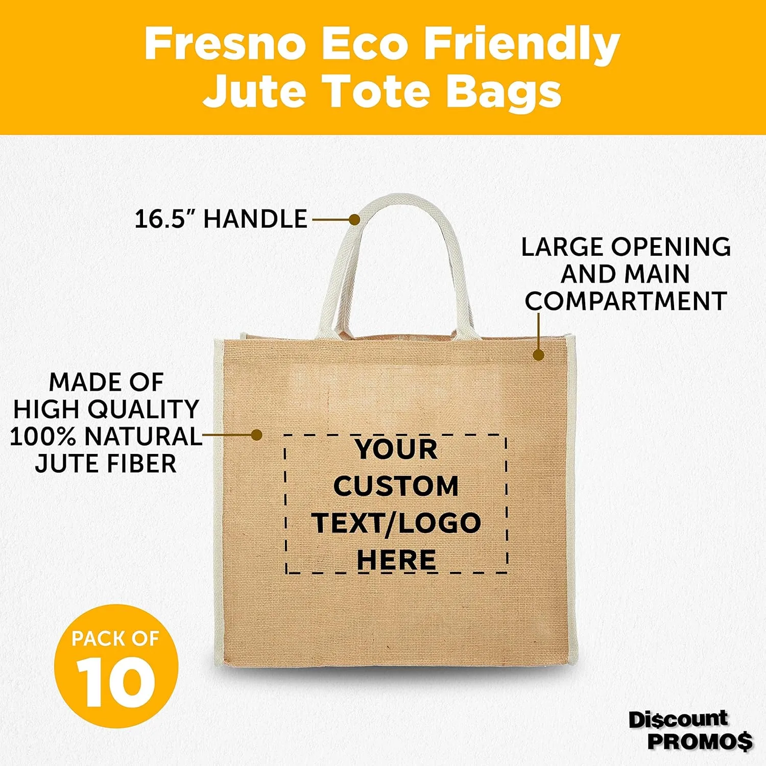 DISCOUNT PROMOS Custom Fresno Eco Friendly Jute Tote Bags Set of 10, Personalized Bulk Pack - Reusable, Great for Tradeshows, Grocery, Shopping and Outdoor Events - Light Beige
