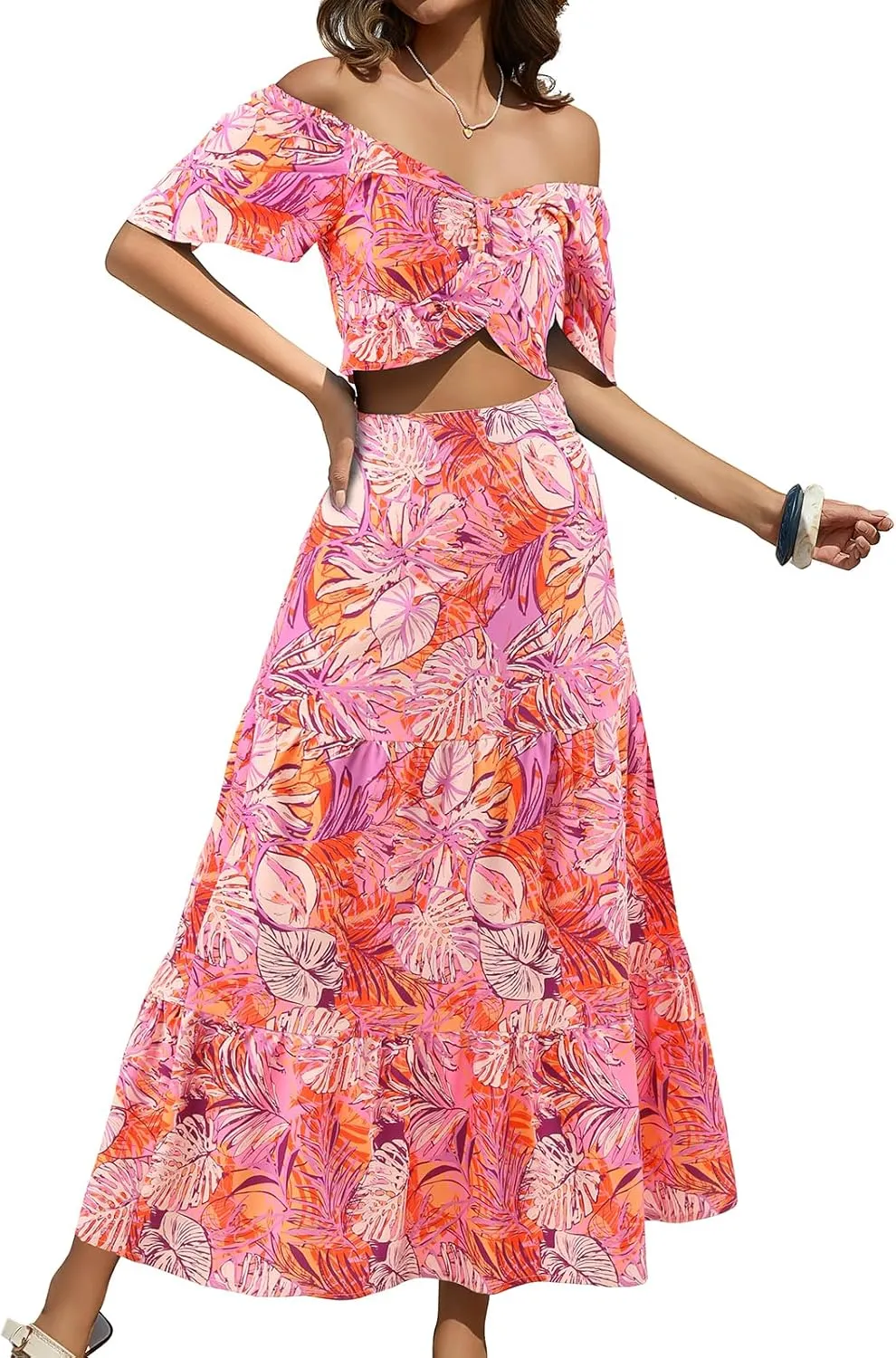 DRESSTELLS Women's 2 Piece Skirt Set, Floral Skirt Set Outfits Suit, Top & Long Skirts, Casual Boho Summer Dress 2025
