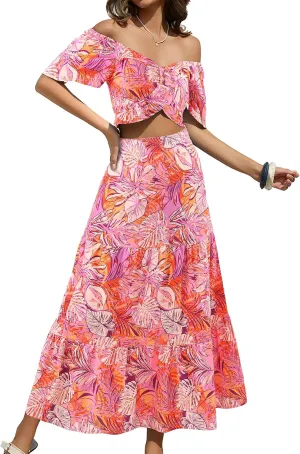 DRESSTELLS Women's 2 Piece Skirt Set, Floral Skirt Set Outfits Suit, Top & Long Skirts, Casual Boho Summer Dress 2025
