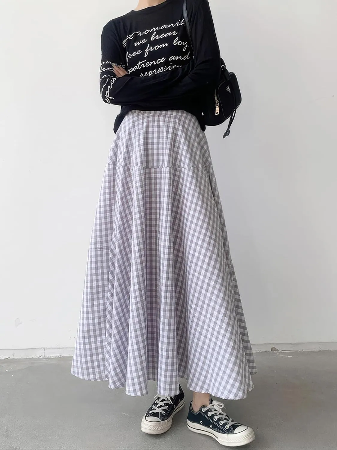 ebossy Women's Casual Retro Plaid A-Line Swing Boho Skirts Elastic Waist Flared Gingham Long Skirts