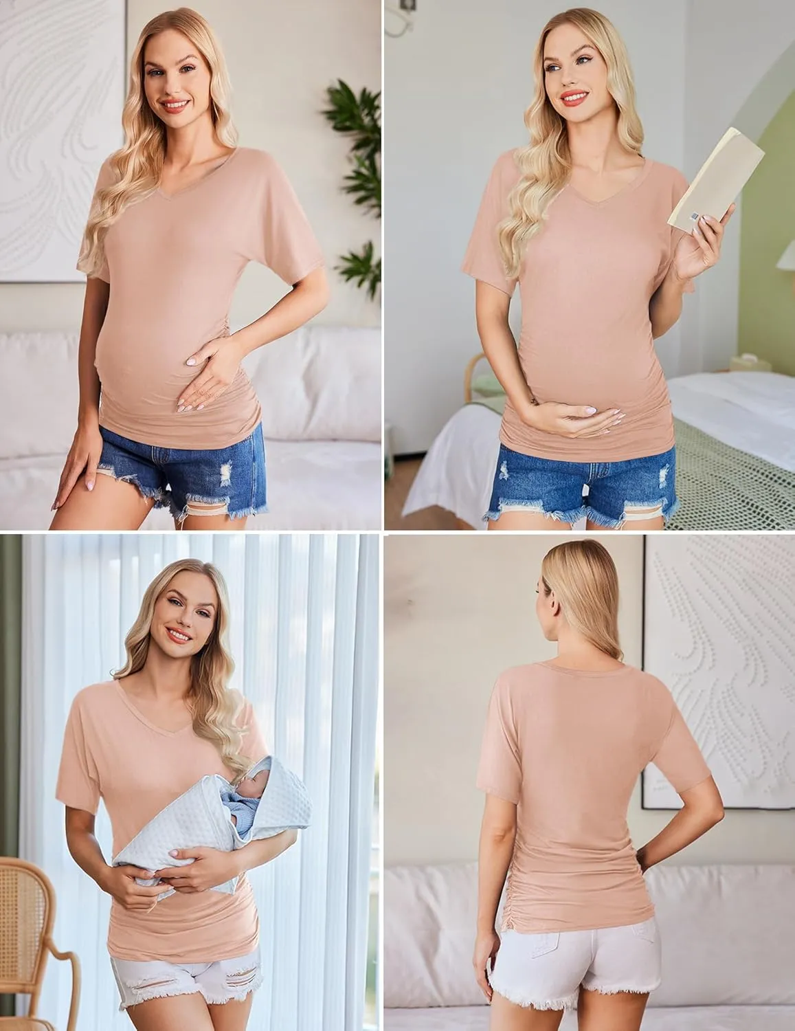 Ekouaer 3 Pack Maternity Shirts V Neck Dolman Sleeve Side Ruched Pregnancy Tops Tunic Blouse