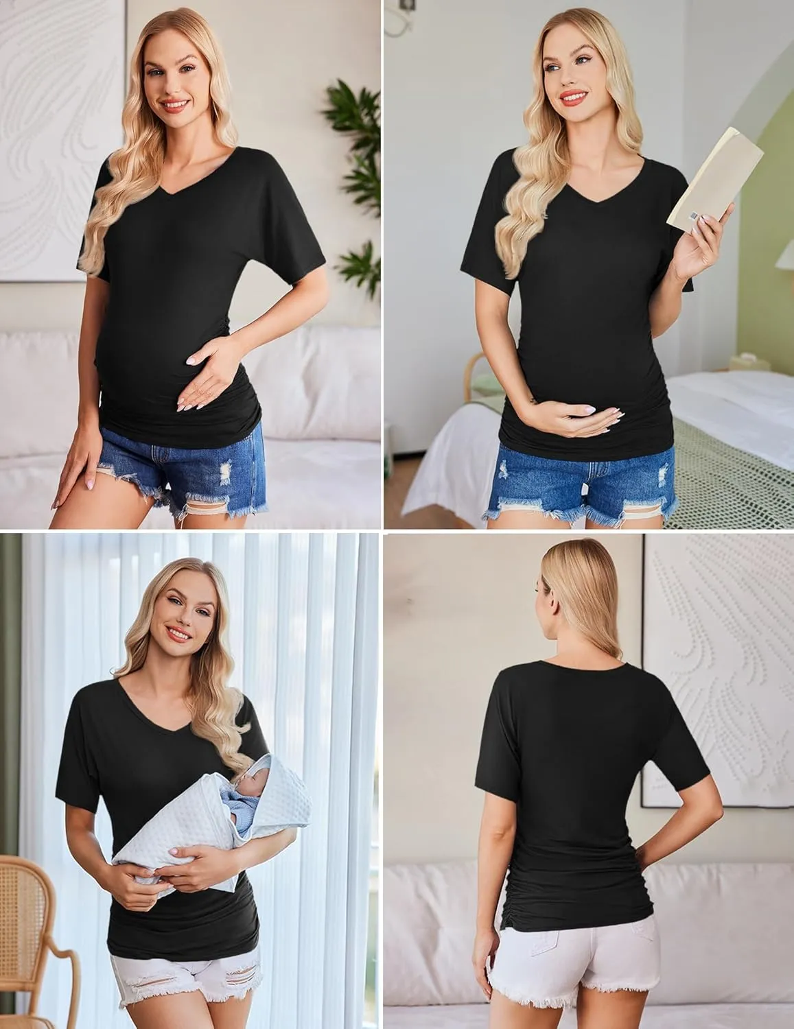 Ekouaer 3 Pack Maternity Shirts V Neck Dolman Sleeve Side Ruched Pregnancy Tops Tunic Blouse