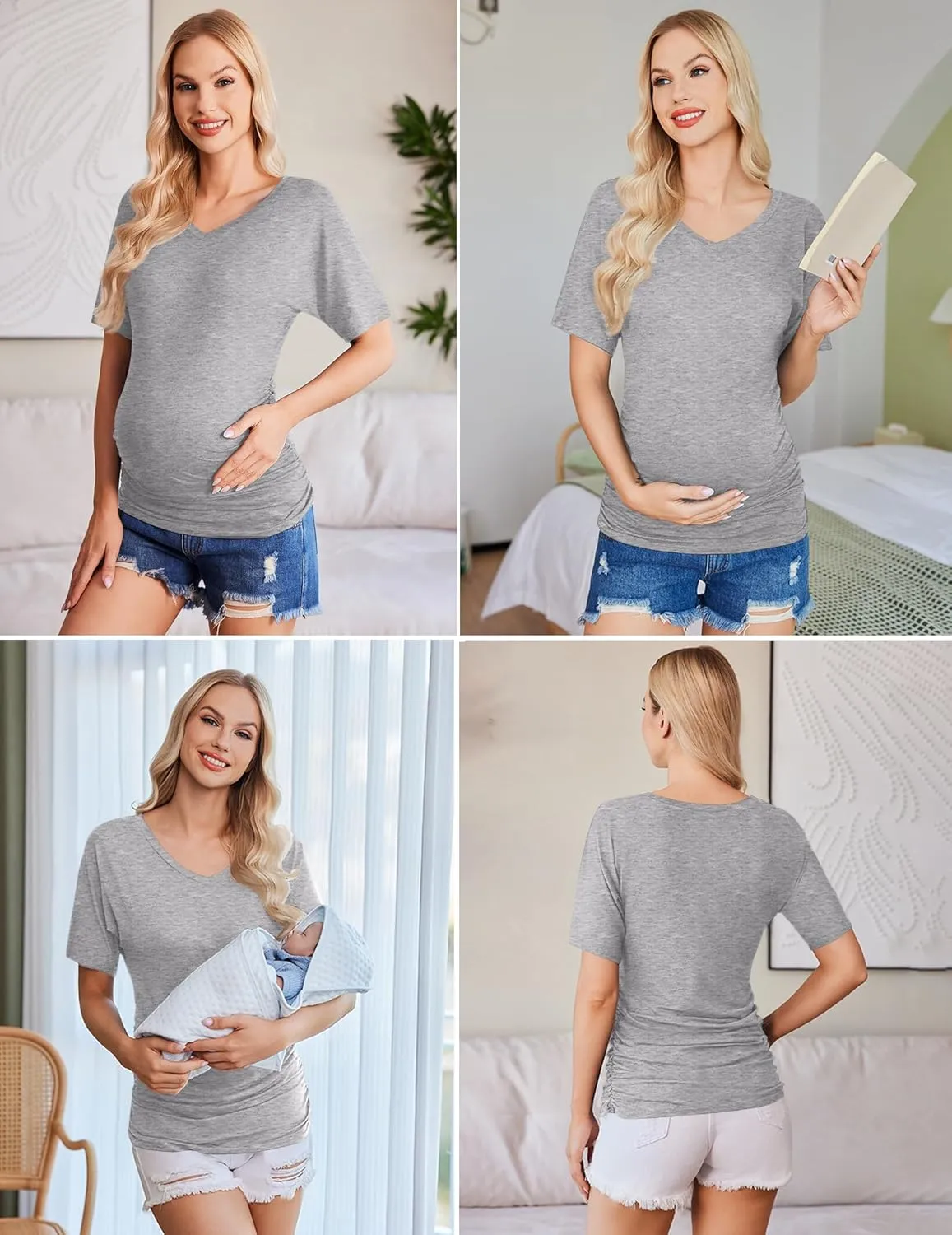 Ekouaer 3 Pack Maternity Shirts V Neck Dolman Sleeve Side Ruched Pregnancy Tops Tunic Blouse