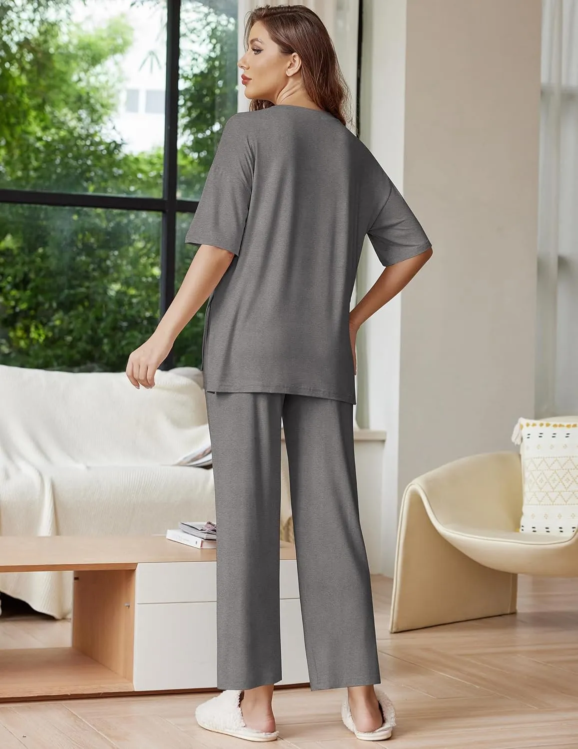 Ekouaer Lounge Sets for Women Short Sleeve Tops and Long Pants Soft Comfy Pajamas Set 2 Piece Outfits S-XXL