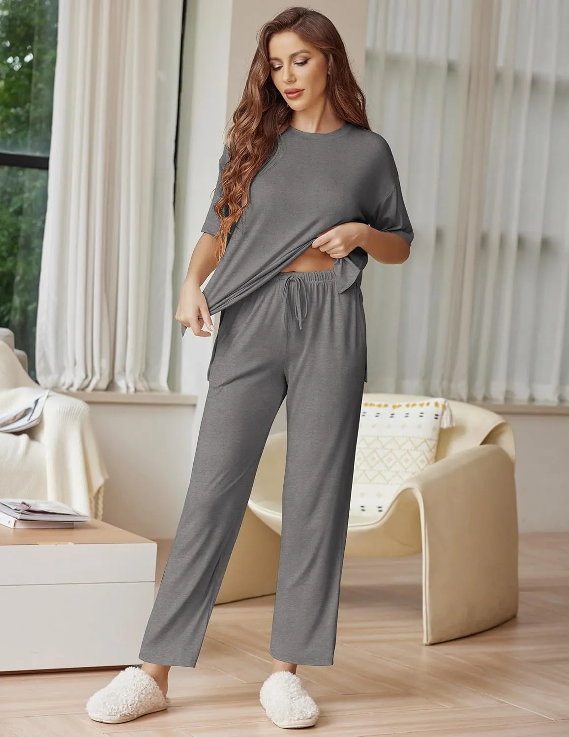 Ekouaer Lounge Sets for Women Short Sleeve Tops and Long Pants Soft Comfy Pajamas Set 2 Piece Outfits S-XXL