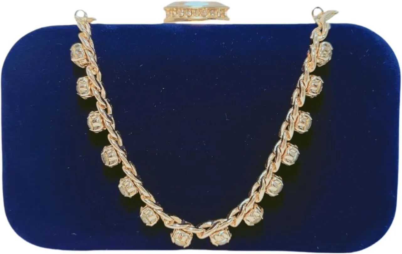 Evening Clutch Purse, Navy Blue Velvet, Gold Chain Strap with Crystal Accents