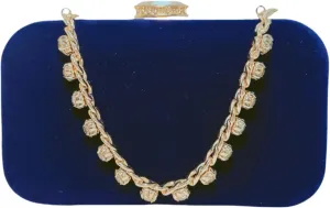 Evening Clutch Purse, Navy Blue Velvet, Gold Chain Strap with Crystal Accents