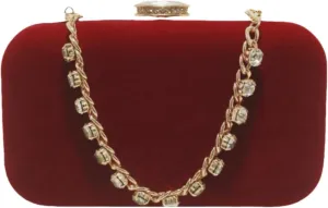 Evening Clutch Purse, Velvet Maroon with Crystal Chain Strap, Gold Hardware