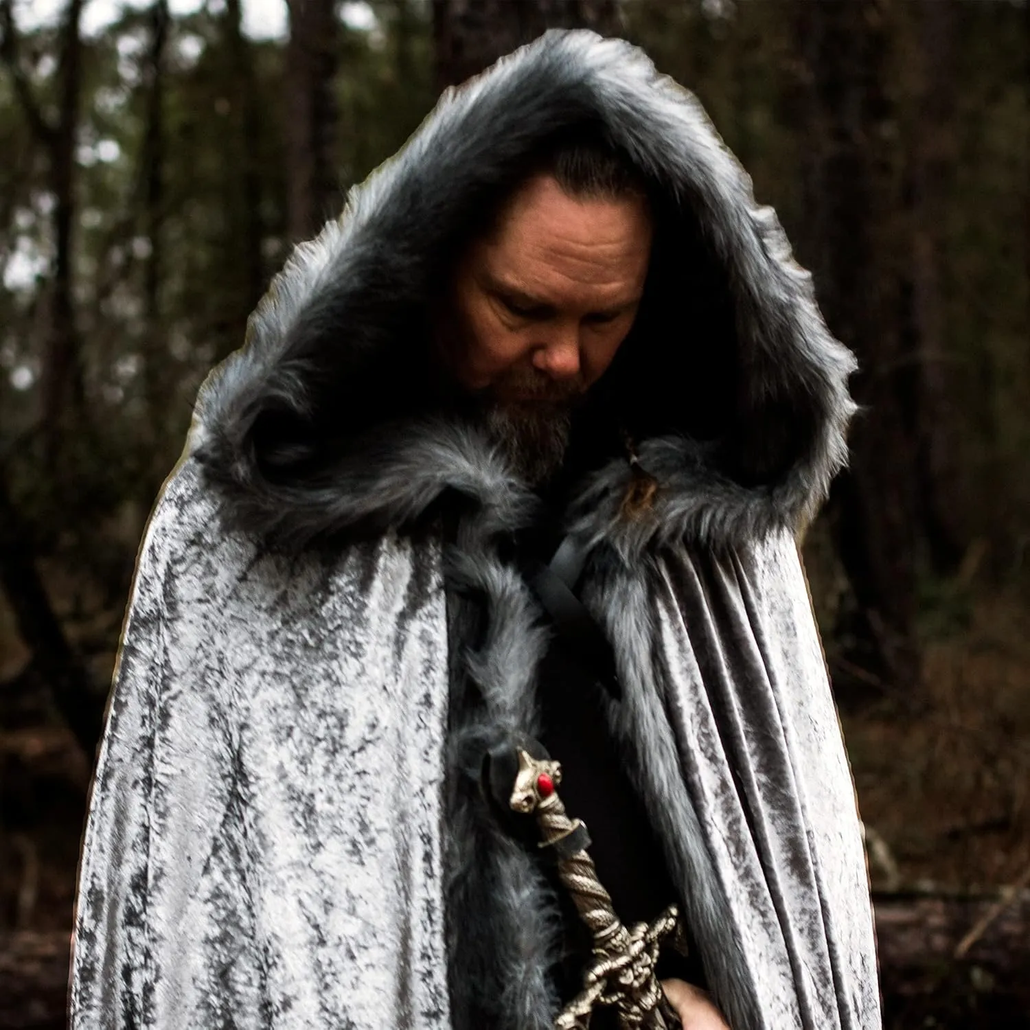 Everfan Adult Medieval Hooded Cloak with Faux Fur Trim and Leather Straps