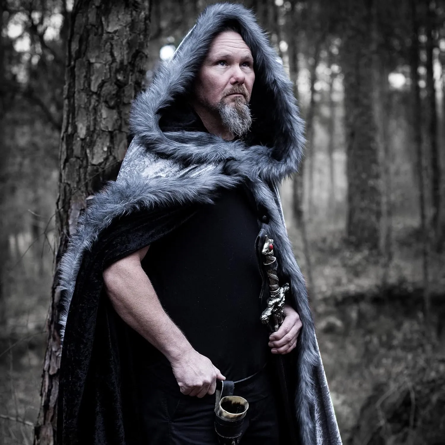 Everfan Adult Medieval Hooded Cloak with Faux Fur Trim and Leather Straps