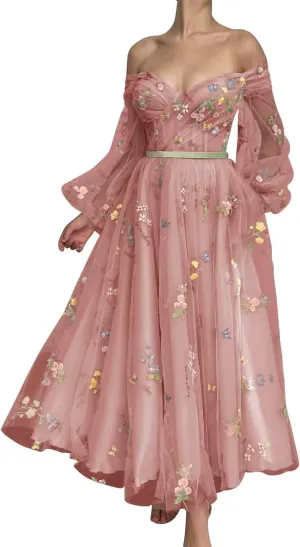 Fivsole Women's Off Shoulder Puffy Sleeve Prom Dress Flower Embroidery Tulle Short Formal Evening Party Gowns