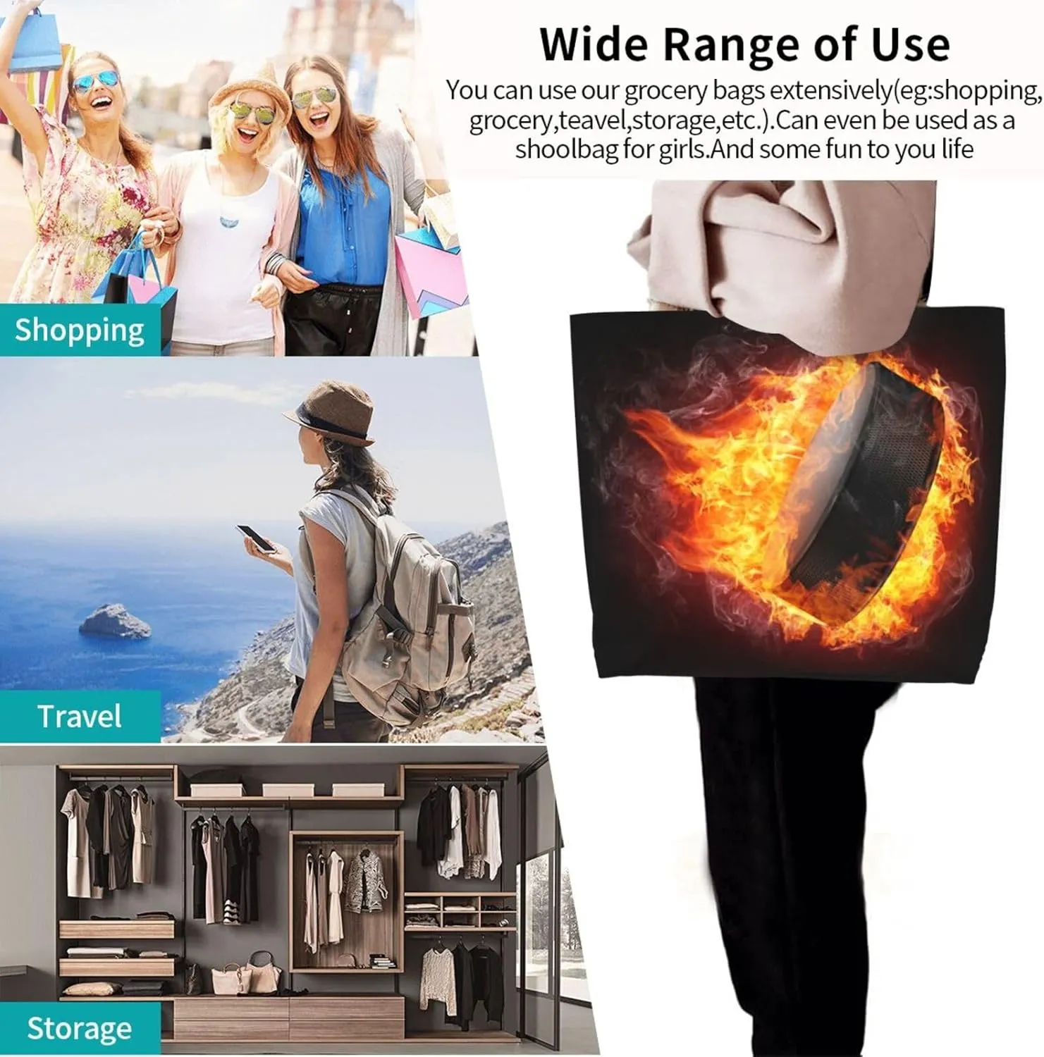 Flame Hockey Puck Women's Tote Bag Large Capacity Single Shoulder Bags Handbag for Shopping Work