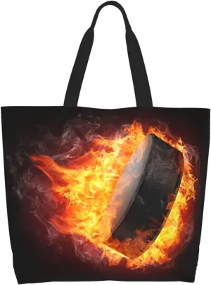 Flame Hockey Puck Women's Tote Bag Large Capacity Single Shoulder Bags Handbag for Shopping Work