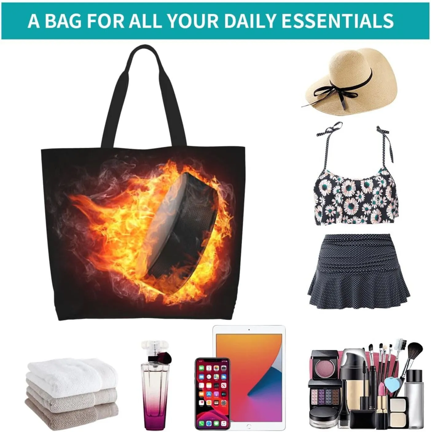 Flame Hockey Puck Women's Tote Bag Large Capacity Single Shoulder Bags Handbag for Shopping Work
