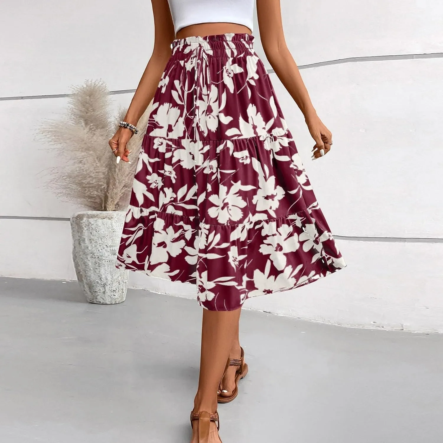 Floral Midi Skirts for Women Drawstring Waist Ruffle Hem Tiered Flowy Long Skirt A Line Boho Pleated Floral Skirt