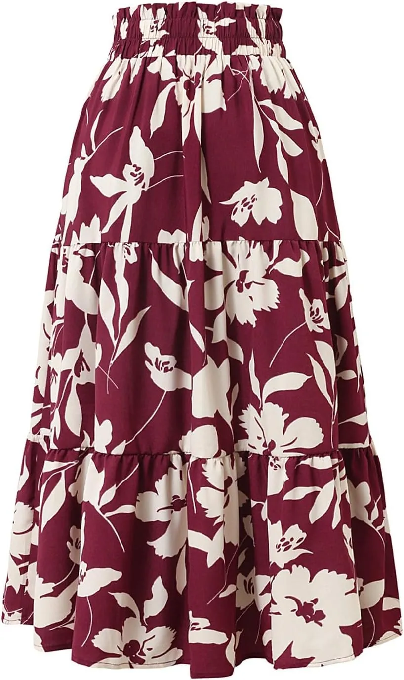 Floral Midi Skirts for Women Drawstring Waist Ruffle Hem Tiered Flowy Long Skirt A Line Boho Pleated Floral Skirt