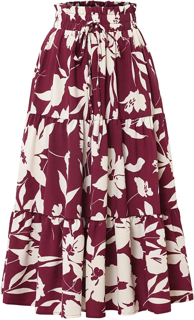 Floral Midi Skirts for Women Drawstring Waist Ruffle Hem Tiered Flowy Long Skirt A Line Boho Pleated Floral Skirt