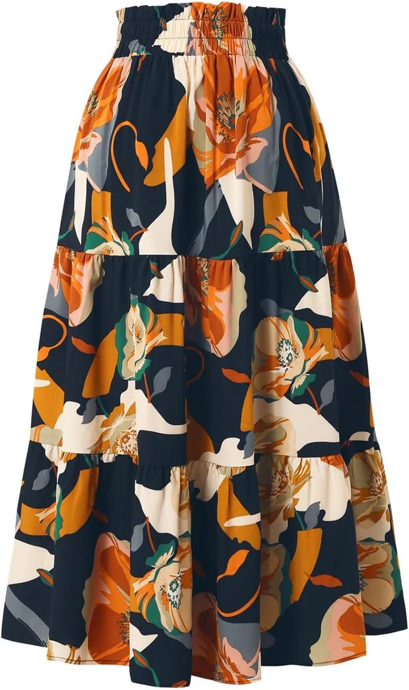 Floral Midi Skirts for Women Trendy Casual Pleated Tiered Maxi Skirt Elastic Waist Beach Boho A Line Flowy Skirt