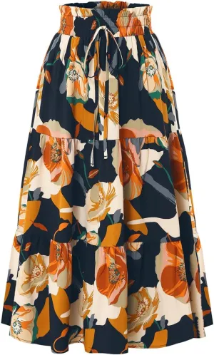 Floral Midi Skirts for Women Trendy Casual Pleated Tiered Maxi Skirt Elastic Waist Beach Boho A Line Flowy Skirt