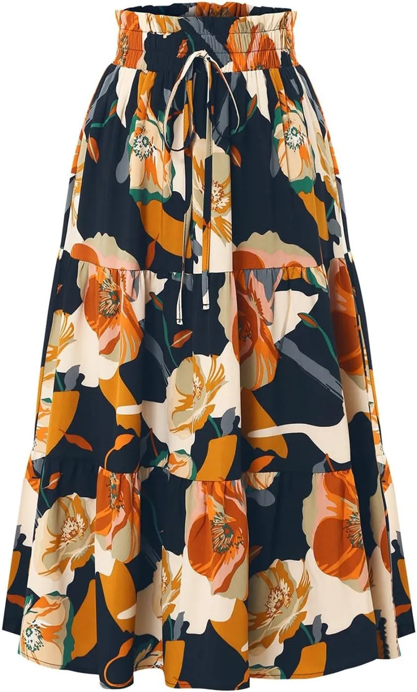 Floral Midi Skirts for Women Trendy Casual Pleated Tiered Maxi Skirt Elastic Waist Beach Boho A Line Flowy Skirt