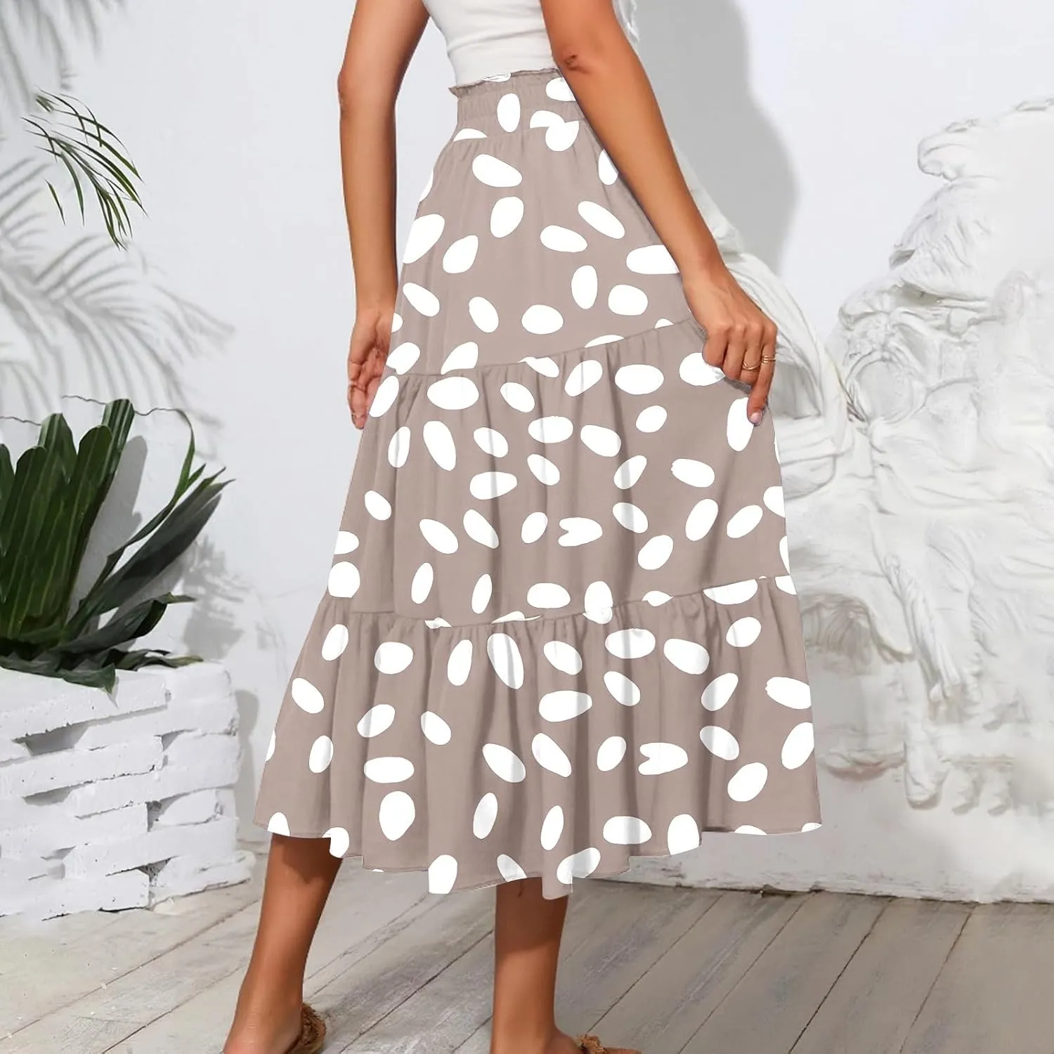 Floral Skirts for Women Trendy Knee Length High Waisted Boho Midi Skirts Cute Tiered Aline Flowy Skirt with Pockets