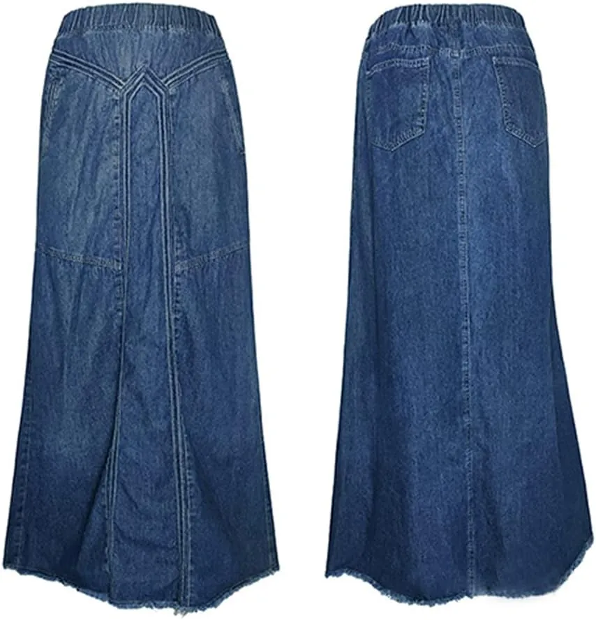 Fronage Women's Distressed Hippie Long Denim Skirt Casual Elastic Waist Frayed Hem A-Line Maxi Jean Skirts with Pocket