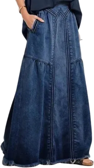 Fronage Women's Distressed Hippie Long Denim Skirt Casual Elastic Waist Frayed Hem A-Line Maxi Jean Skirts with Pocket
