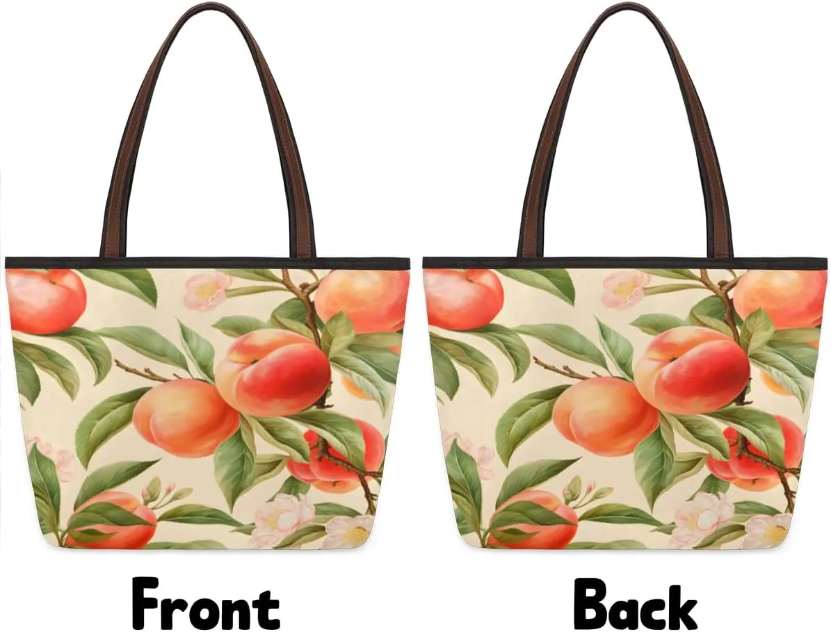 Fruit Peach Print Tote Bag with Zipper 15 Inch Canvas Tote Bag for Women Shoulder Handbag