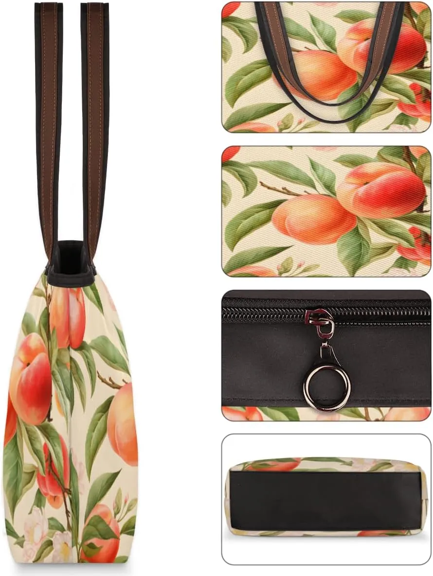 Fruit Peach Print Tote Bag with Zipper 15 Inch Canvas Tote Bag for Women Shoulder Handbag