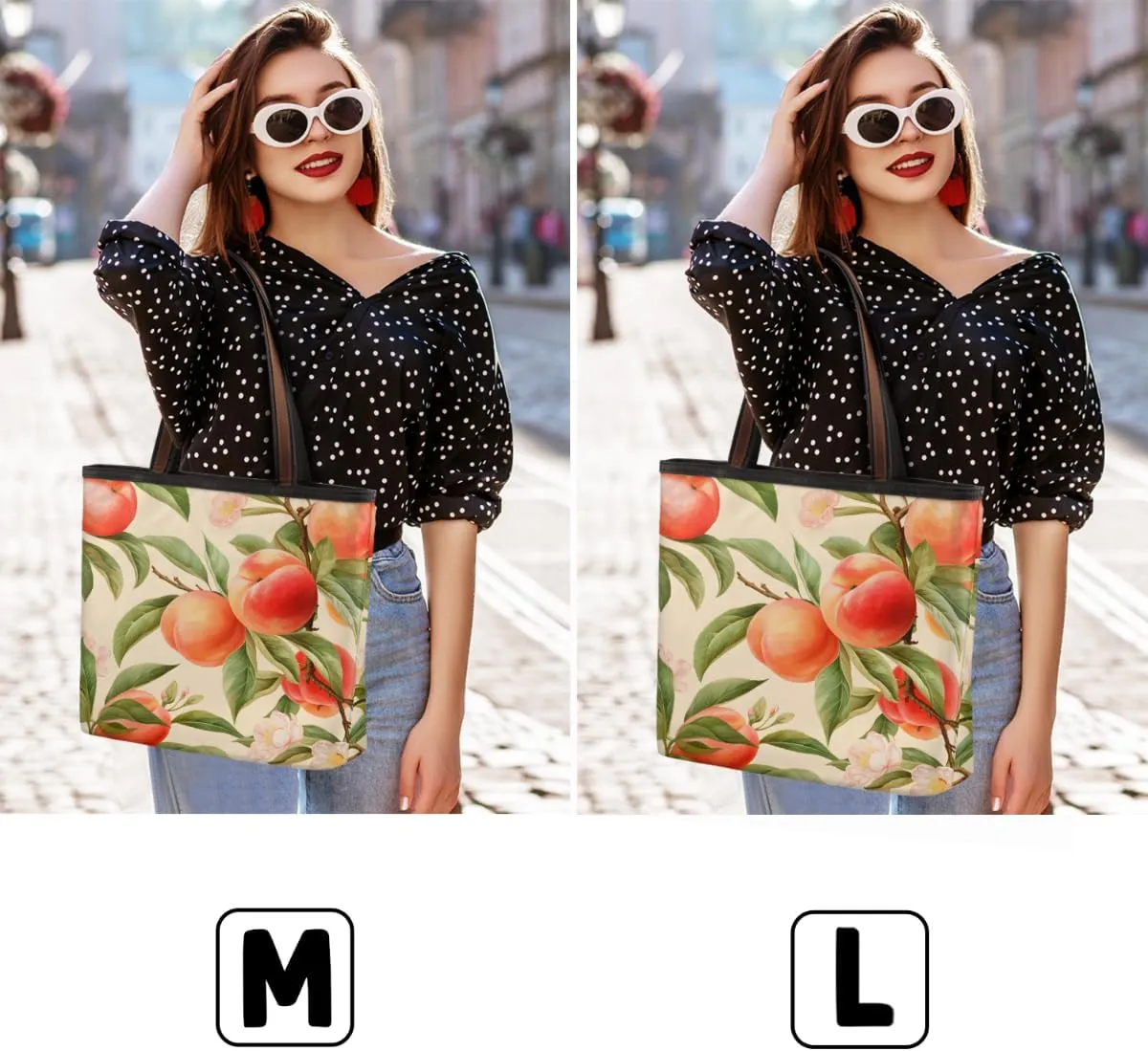 Fruit Peach Print Tote Bag with Zipper 15 Inch Canvas Tote Bag for Women Shoulder Handbag